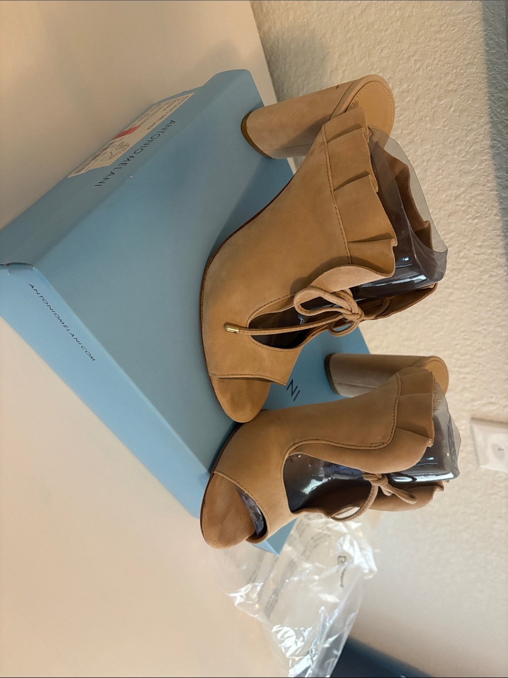 ANTONIO MELANI Tan Ruffle Peep-Toe Block Heels with Front Tie Detail